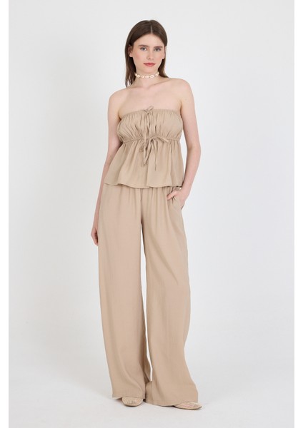 Koyu Taş Mavi Straplez Bluz ve Geniş Paça Pantolon Ikili Takım 5236