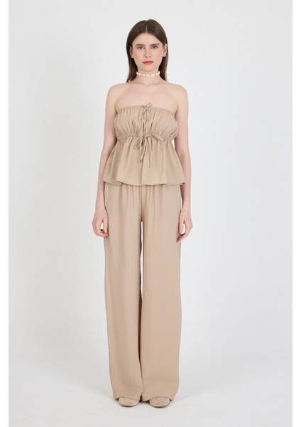 Koyu Taş Mavi Straplez Bluz ve Geniş Paça Pantolon Ikili Takım 5236 fiyatları