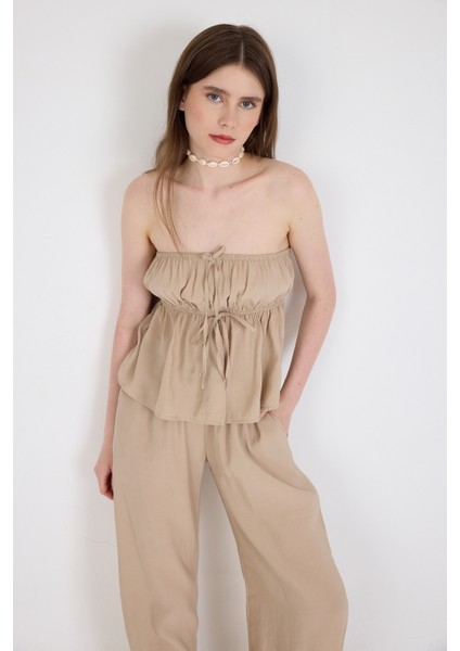 Koyu Taş Mavi Straplez Bluz ve Geniş Paça Pantolon Ikili Takım 5236 modelleri