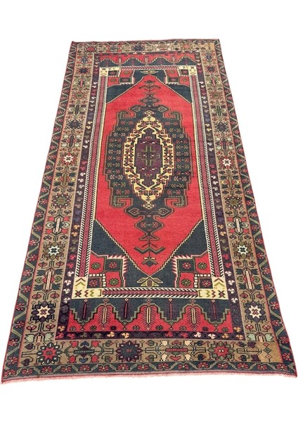 El Dokuma Eskitme Taşpınar Halısı 133X270 Kırmızı Vintage Halı