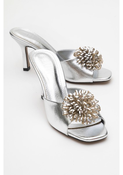 Shana Gümüş Çiçekli Kadın Ince Topuklu Terlik