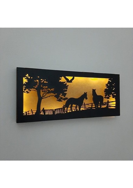 Dekoratif Peri Ledli Duvar Süsü At Çiftliği Hediyelik Ahşap Mdf Tablo Gece Lambası (Piller Dahil )