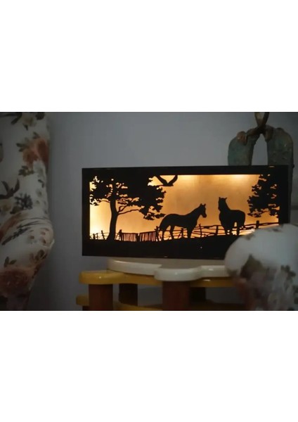 Dekoratif Peri Ledli Duvar Süsü At Çiftliği Hediyelik Ahşap Mdf Tablo Gece Lambası (Piller Dahil )