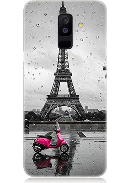 Samsung Galaxy A6 Plus Uyumlu Yağmurda Eyfel ve Scooter Desenli Silikon Kılıf