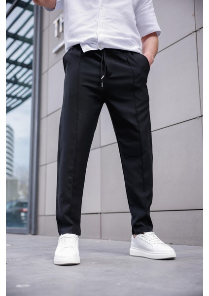 Erkek Siyah Renk Esnek Likralı Fermuar Detaylı Jogger Pantolon