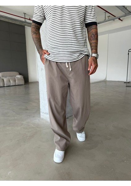 Baggy Fit Keten Pantolon - Kahve