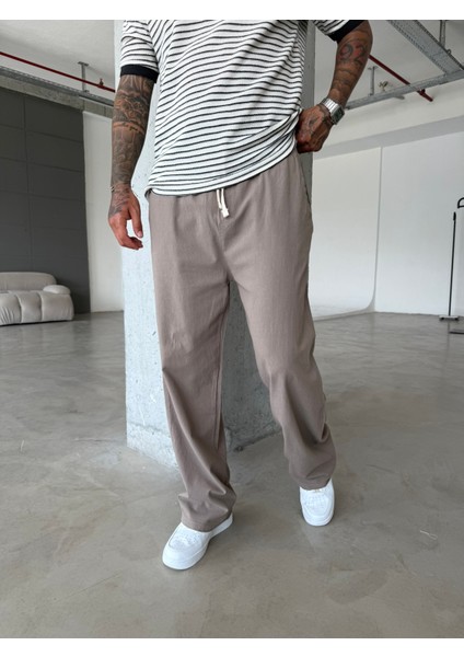 Baggy Fit Keten Pantolon - Kahve modelleri
