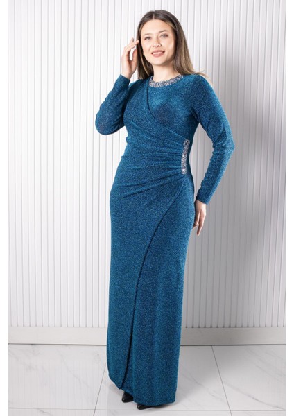 Taş Baskı Detaylı Abiye Petrol MDA2537