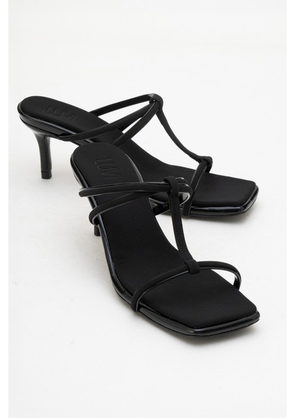 Mocha Siyah Kare Burunlu Ince Bantlı Kadın Topuklu Terlik