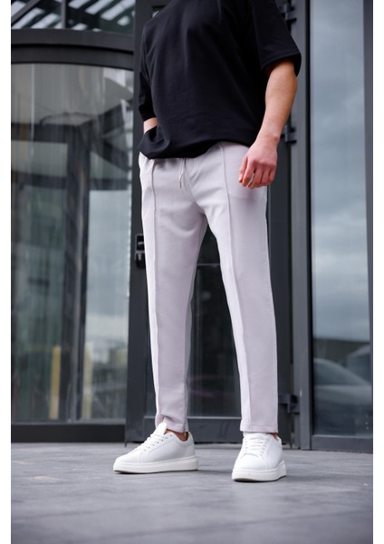 Erkek Gri Renk Esnek Likralı Fermuar Detaylı Jogger Pantolon