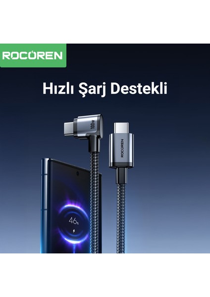100W Type-C To Type-C 90° Örgülü Pd Hızlı Şarj ve Data Kablosu 2 Metre