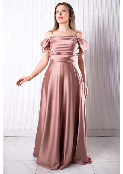 Askılı Saten Abiye Elbise Gül Kurusu MDV388