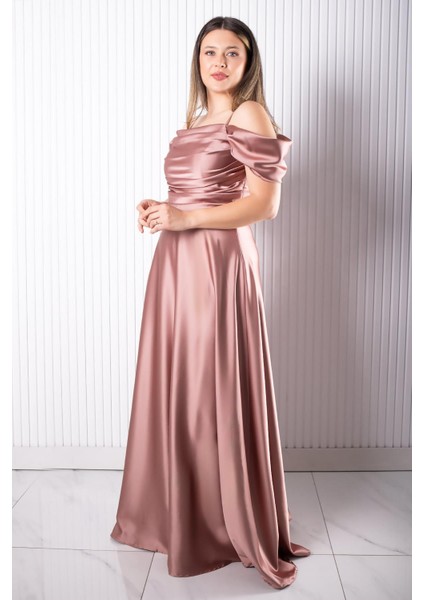 Askılı Saten Abiye Elbise Gül Kurusu MDV388 modelleri
