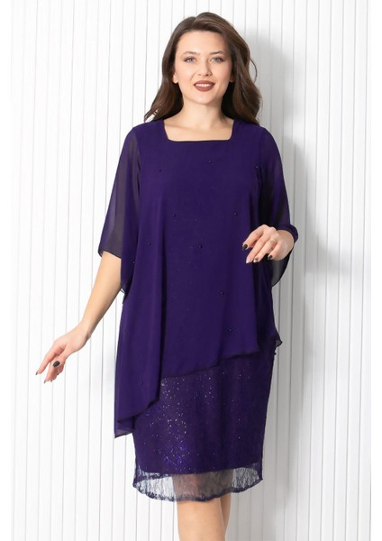 Incili Şifon Abiye Elbise Mor FHM908