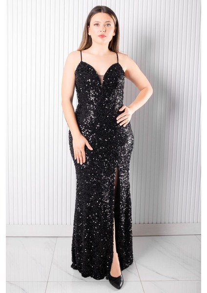 Sırt Bağlama Detaylı Abiye Elbise Siyah MDV384