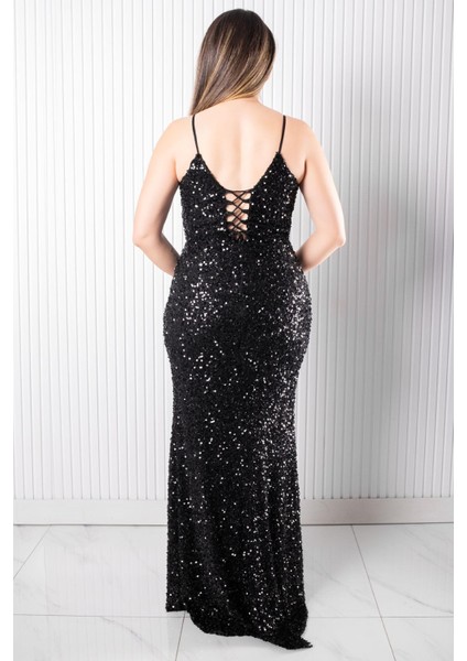 Sırt Bağlama Detaylı Abiye Elbise Siyah MDV384 fiyatları