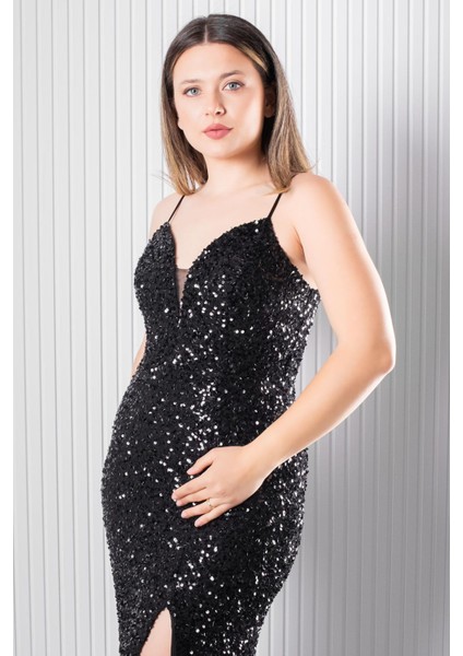 Sırt Bağlama Detaylı Abiye Elbise Siyah MDV384 modelleri