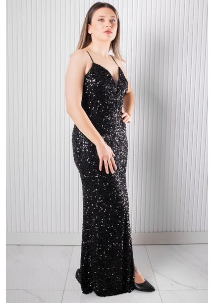 Sırt Bağlama Detaylı Abiye Elbise Siyah MDV384 fırsatları