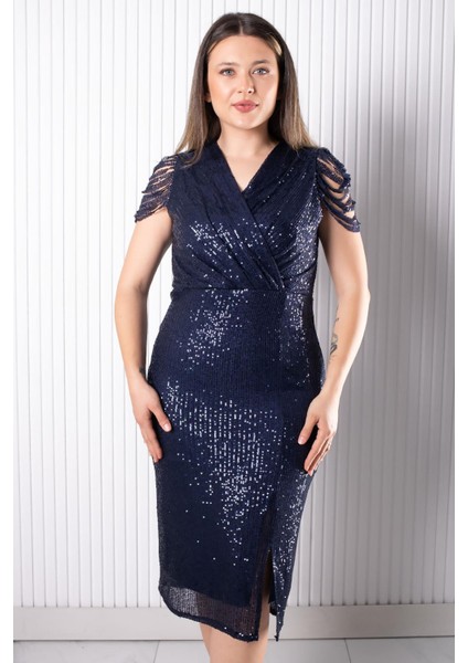 Pul Payetli Abiye Elbise Lacivert MDV382