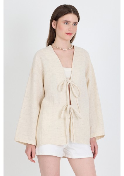 Natural Keten Görünümlü %100 Pamuk Bağlamalı Kimono 4818A