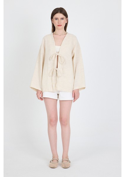 Natural Keten Görünümlü %100 Pamuk Bağlamalı Kimono 4818A