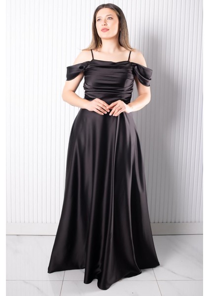 Askılı Saten Abiye Elbise Siyah MDV388