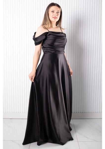 Askılı Saten Abiye Elbise Siyah MDV388 modelleri