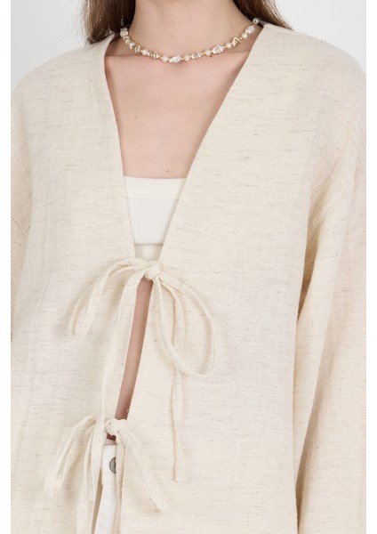 Natural Keten Görünümlü %100 Pamuk Bağlamalı Kimono 4818A fırsatları