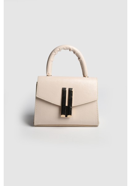 Kadın Zambe Kırışık Deri Tokalı El ve Askılı Çanta Krem
