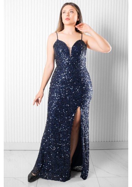 Sırt Bağlama Detaylı Abiye Elbise Lacivert MDV384