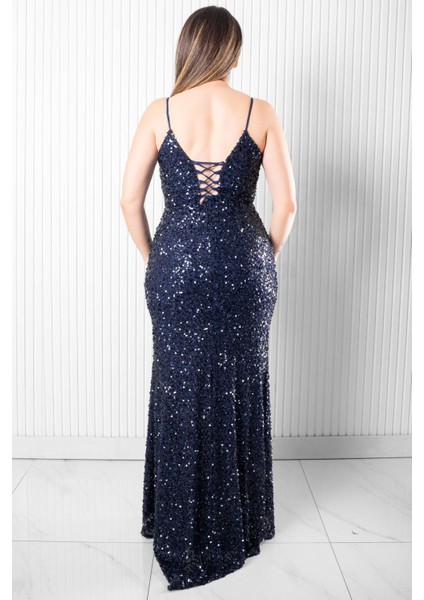 Sırt Bağlama Detaylı Abiye Elbise Lacivert MDV384 fiyatları