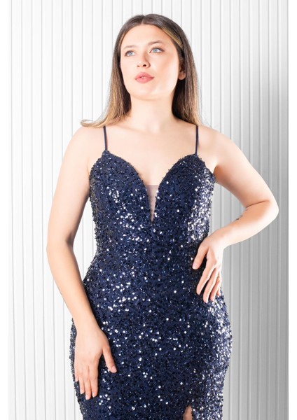 Sırt Bağlama Detaylı Abiye Elbise Lacivert MDV384 modelleri