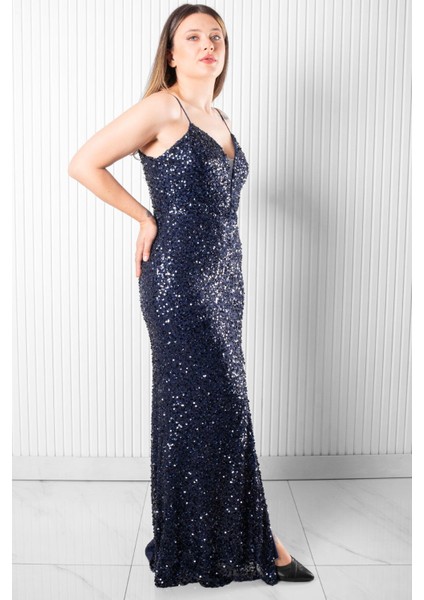 Sırt Bağlama Detaylı Abiye Elbise Lacivert MDV384 fırsatları