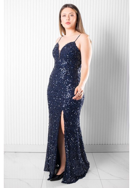 Sırt Bağlama Detaylı Abiye Elbise Lacivert MDV384 indirimleri