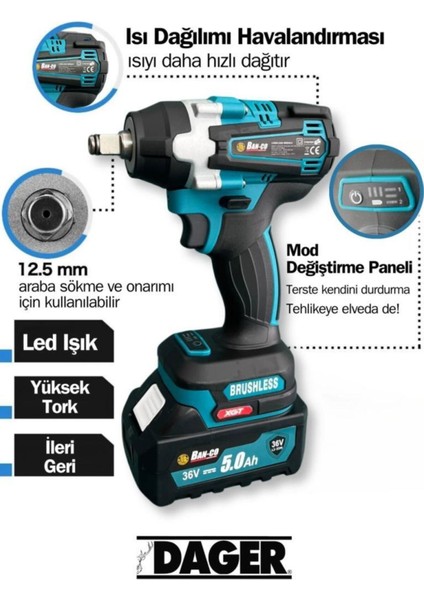 36V 5AH Akülü Matkap Seti, Kömürsüz Vidalama ve Sıkma, Mandren Dahil