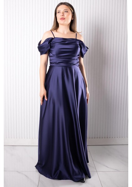 Askılı Saten Abiye Elbise Lacivert MDV388
