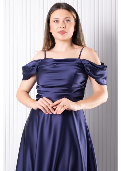 Askılı Saten Abiye Elbise Lacivert MDV388 fiyatları