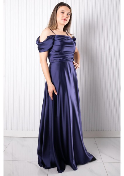 Askılı Saten Abiye Elbise Lacivert MDV388 modelleri