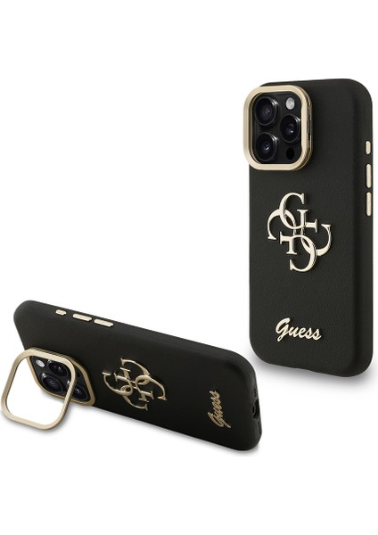 iPhone 16 Pro Max Uyumlu Kılıf Guess Orjinal Lisanslı Grained Yazı Logolu Kamera Standlı Kapak Siyah