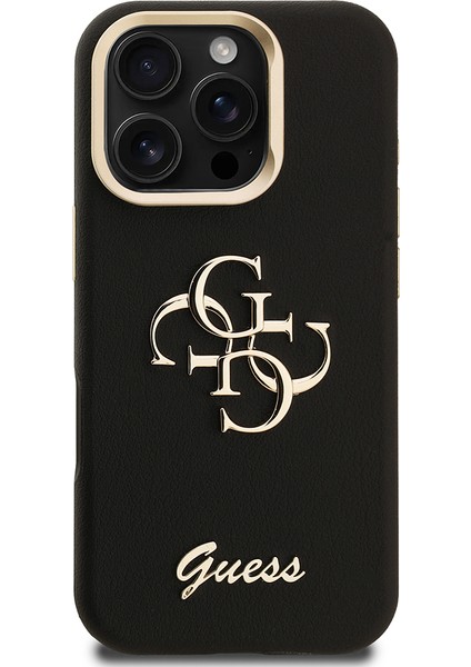 iPhone 16 Pro Max Uyumlu Kılıf Guess Orjinal Lisanslı Grained Yazı Logolu Kamera Standlı Kapak Siyah