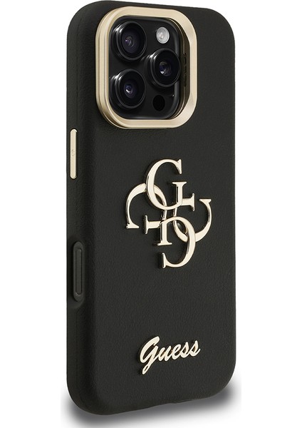 iPhone 16 Pro Max Uyumlu Kılıf Guess Orjinal Lisanslı Grained Yazı Logolu Kamera Standlı Kapak Siyah