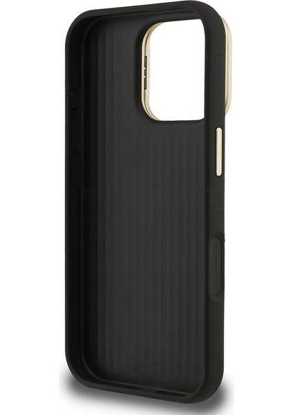 iPhone 16 Pro Max Uyumlu Kılıf Guess Orjinal Lisanslı Grained Yazı Logolu Kamera Standlı Kapak Siyah