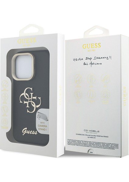iPhone 16 Pro Max Uyumlu Kılıf Guess Orjinal Lisanslı Grained Yazı Logolu Kamera Standlı Kapak Siyah