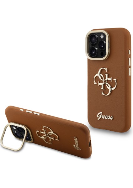 iPhone 15 Pro Uyumlu Kılıf Guess Lisanslı Grained Yazı Logolu Kamera Standlı Kapak Kahverengi