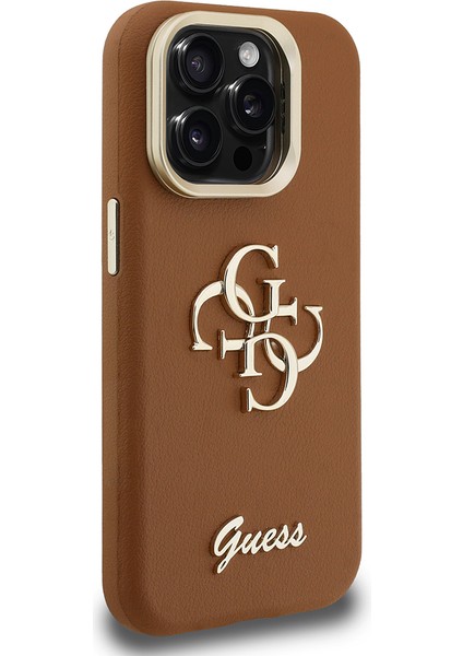 iPhone 15 Pro Uyumlu Kılıf Guess Lisanslı Grained Yazı Logolu Kamera Standlı Kapak Kahverengi modelleri