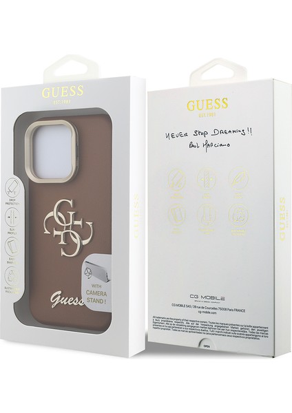 iPhone 15 Pro Uyumlu Kılıf Guess Lisanslı Grained Yazı Logolu Kamera Standlı Kapak Kahverengi indirimleri