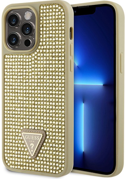 iPhone 14 Pro Max Uyumlu Kılıf Guess Orjinal Lisanslı Taşlı Arka Yüzey Üçgen Logolu Kapak Gold