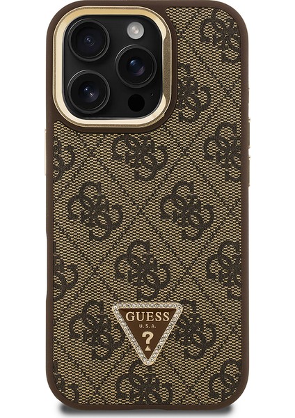iPhone 16 Pro Max Uyumlu Kılıf Guess Lisanslı Üçgen Logo 4g Desenli Kamera Standlı Kapak Kahverengi fiyatları