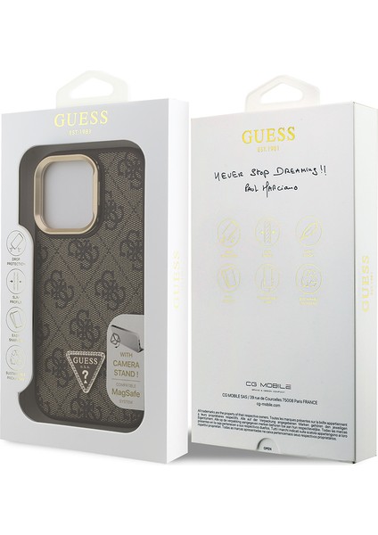 iPhone 16 Pro Max Uyumlu Kılıf Guess Lisanslı Üçgen Logo 4g Desenli Kamera Standlı Kapak Kahverengi indirimleri