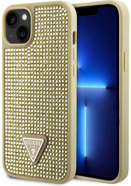 iPhone 15 Uyumlu Kılıf Guess Orjinal Lisanslı Taşlı Arka Yüzey Üçgen Logolu Kapak Gold